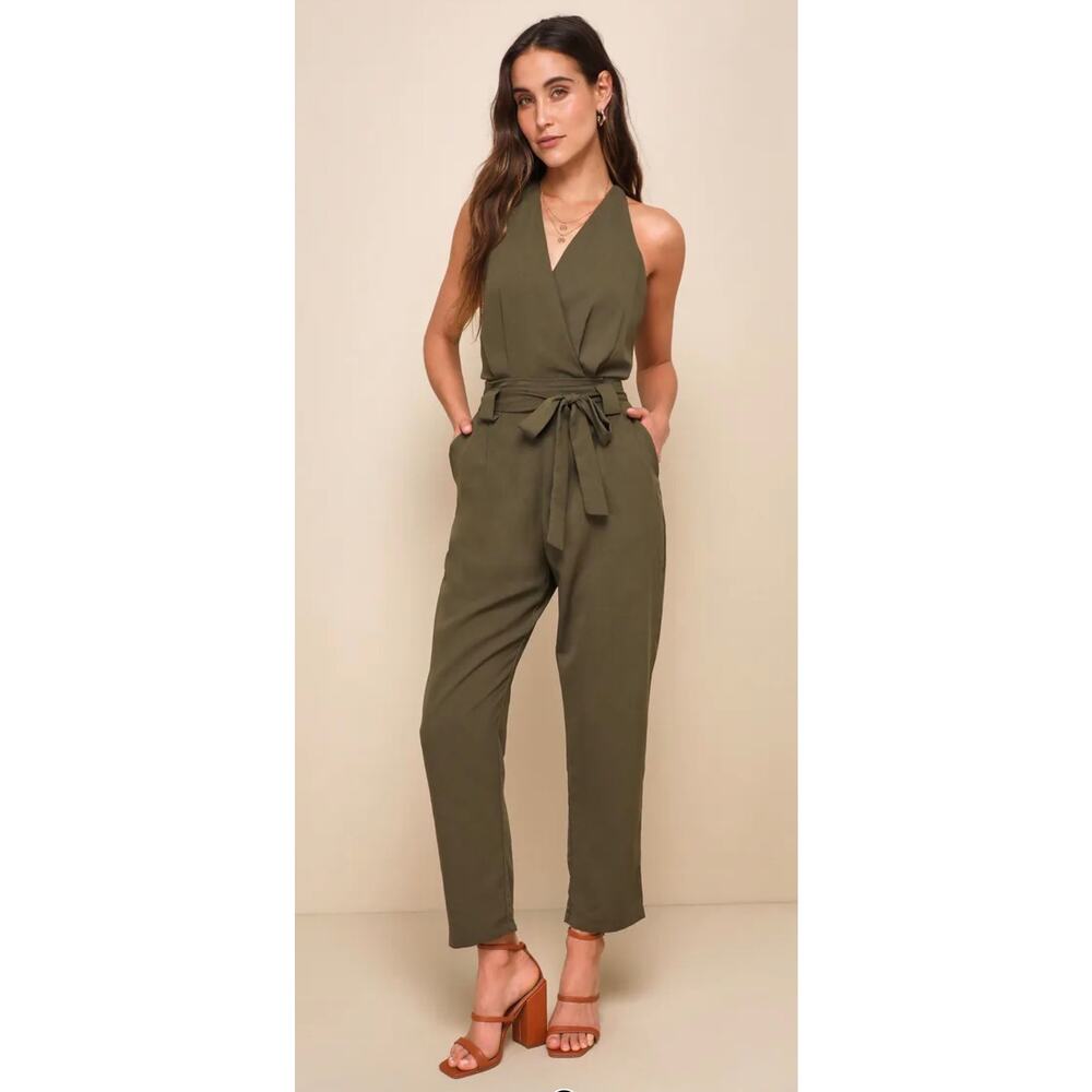 Lulu’s In The City Olive Surplice Sleeveless Jumpsuit M NWT - Picture 1 of 11